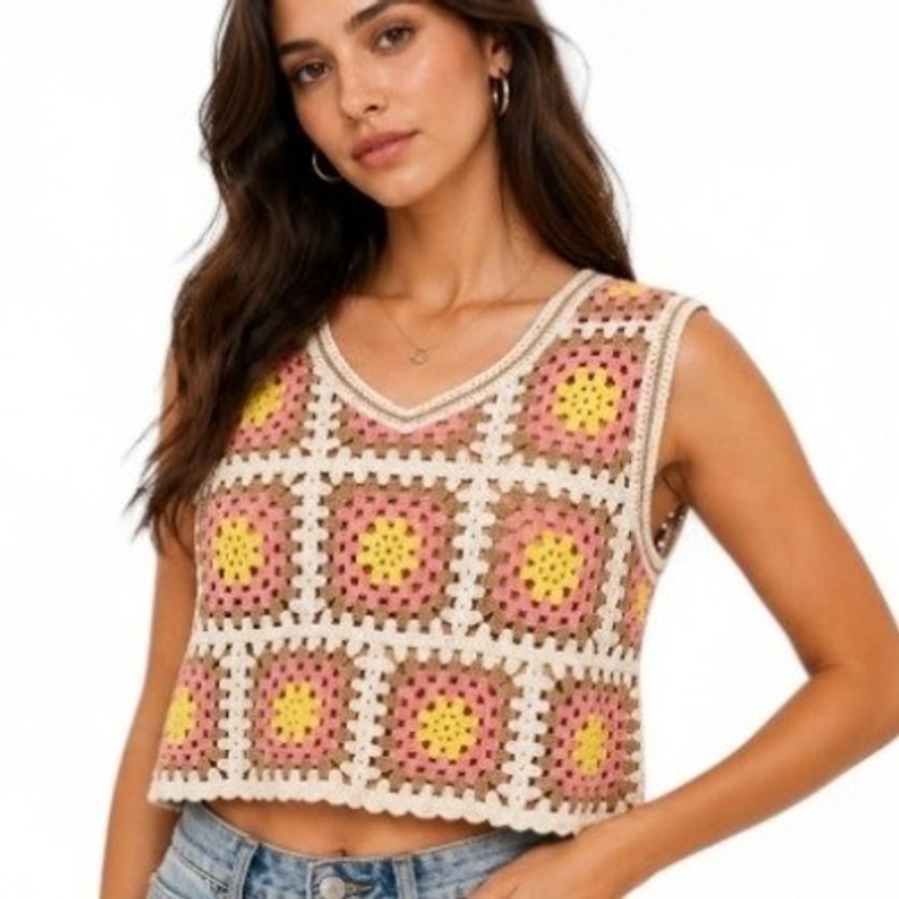 Boho Granny Square Medium Crochet Crop Top Vest Festival Cottagecore New